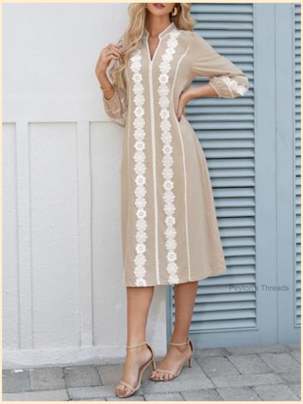 Embroidered Lace Floral Tunic Dress 3/4 Puff Sleeve V Neck Midi - Picture 4 of 6